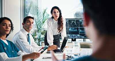Buy stock photo Woman, doctor or team collaboration with x ray on screen for meeting or planning surgery in boardroom. Female person, speaker or medical group with CT scan or display for health diagnosis or results