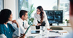 Woman, doctor or meeting with x ray on screen for planning surgery or discussion in boardroom. Female person, speaker or medical team with CT scan or display for health exam, diagnosis or results