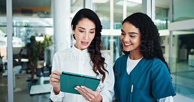 Buy stock photo Doctors, smile and women in clinic, tablet or conversation with email for schedule. Employees, healthcare or medical with professional, internet or tech with app for results or research for diagnosis