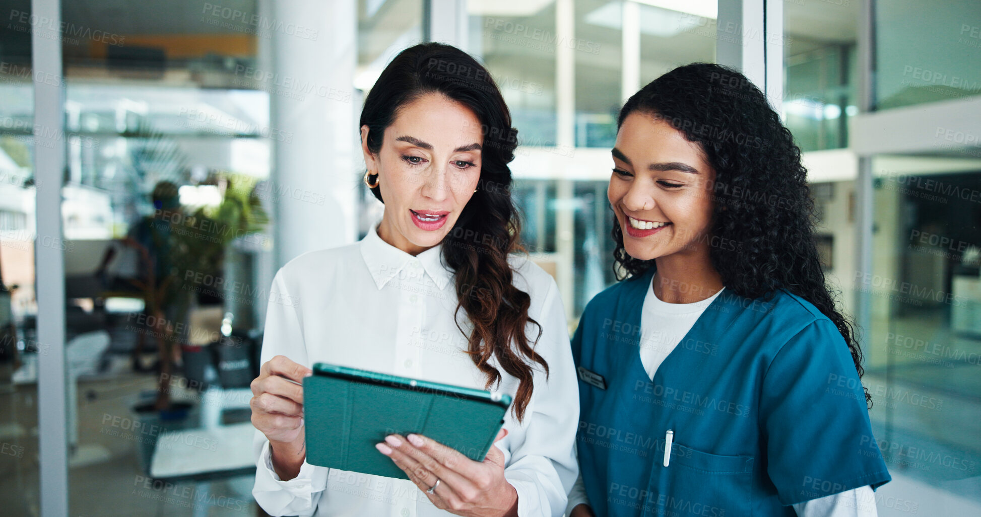 Buy stock photo Doctors, smile and women in clinic, tablet or conversation with email for schedule. Employees, healthcare or medical with professional, internet or tech with app for results or research for diagnosis