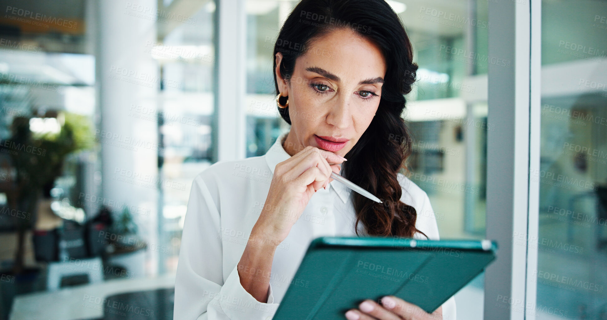 Buy stock photo Thinking, businesswoman and reading with tablet in office, research and case report for attorney. Career, mature person and corporate lawyer with digital for review, legal aid or solution for justice