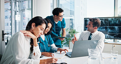 Buy stock photo People, doctor or team with medical discussion on laptop for meeting, planning or procedure at hospital. Group, healthcare workers or employees with technology, documents or x ray for surgery results