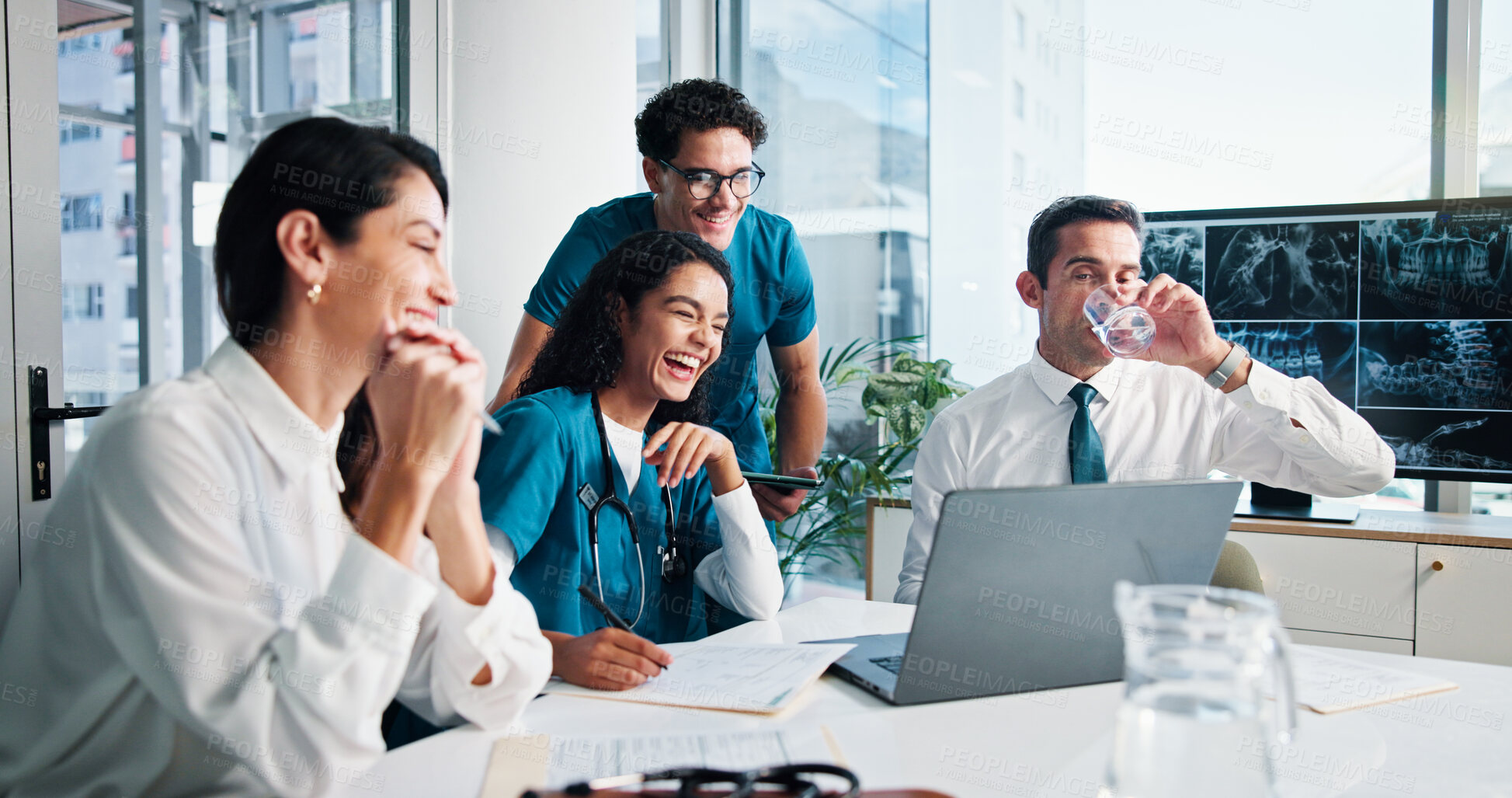 Buy stock photo Happy people, doctor and laughing with laptop for video call, conference or virtual meeting at hospital. Group, healthcare employees or medical workers with smile on computer for funny discussion