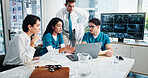 Doctor, team and discussion with laptop or x ray for meeting or planning surgery at hospital. People, medical employees or healthcare workers with computer for health exam, diagnoisis or CT scan