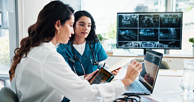 Buy stock photo Advice, laptop and doctors in hospital, women or cooperation with results for diagnosis. Healthcare, help or employees in clinic, report for treatment or feedback with conversation and xrays