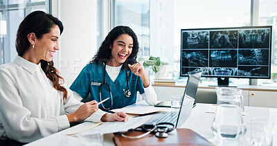 Buy stock photo Smile, laptop and doctors in hospital, women or conversation with results for diagnosis. Funny, teamwork and employees in office, report for treatment and feedback with help, laughing and success