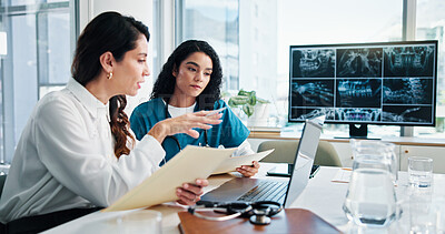 Buy stock photo Teamwork, laptop and doctors in hospital, women or conversation with results for diagnosis. Planning, cooperation or employees in office, report for treatment or feedback with help, talking or advice