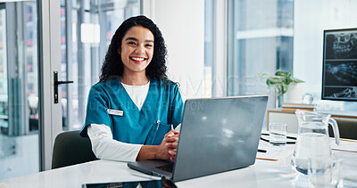 Buy stock photo Happy woman, portrait or nurse with laptop for medical research, planning or diagnosis at hospital. Email, female person or healthcare worker with smile, computer or assistance for health development