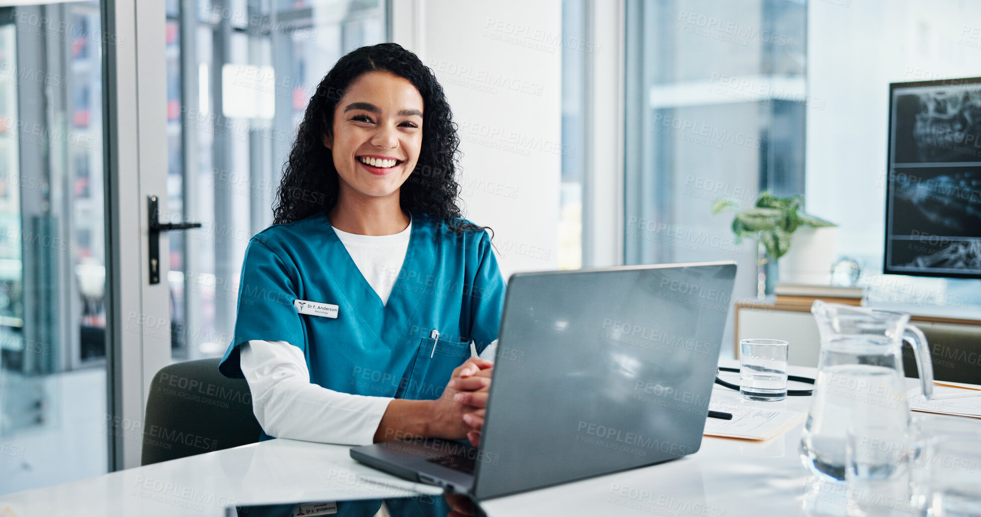 Buy stock photo Happy woman, portrait or nurse with laptop for medical research, planning or diagnosis at hospital. Email, female person or healthcare worker with smile, computer or assistance for health development