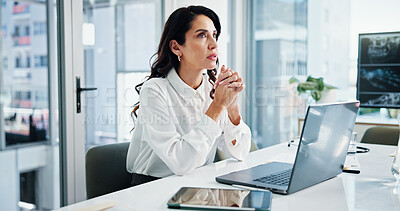 Buy stock photo Doctor, laptop and thinking with woman in hospital for cardiology, medical or telehealth. Healthcare, problem solving and tablet with professional in clinic for administration, management or research