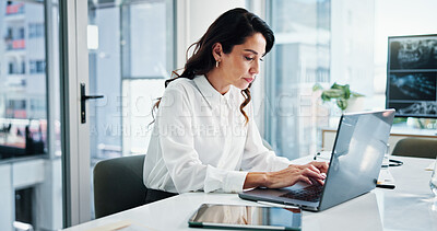 Buy stock photo Doctor, laptop and typing with woman in hospital for cardiology, medical or telehealth. Computer, report and tablet with healthcare professional in clinic for administration, management or research