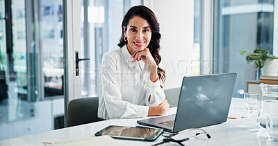 Buy stock photo Doctor, laptop and portrait of woman in hospital for cardiology, medical or telehealth. Healthcare, smile and tablet with happy professional in clinic for administration, management or research