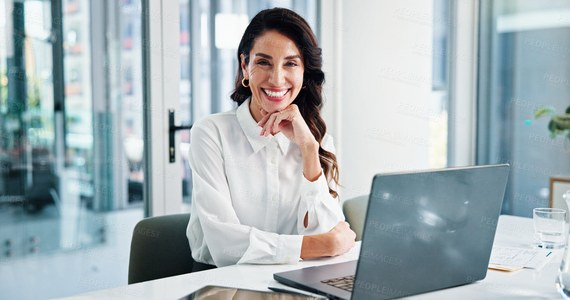 Buy stock photo Doctor, laptop and portrait with happy woman in hospital for cardiology, medical or telehealth. Computer, healthcare and smile of professional in clinic for administration or management of medicare