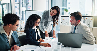 Buy stock photo Office, business people and project manager with documents for discussion, meeting and finance update. Team, accountants and financial advisor with paperwork for risk management, feedback and explain