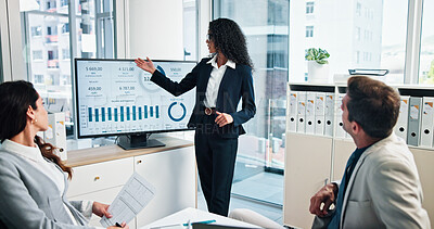 Buy stock photo Online, group and meeting for data, business and collaboration for financial performance or digital. Monitor, team and people with tech for investment, accountant and colleagues with info on screen