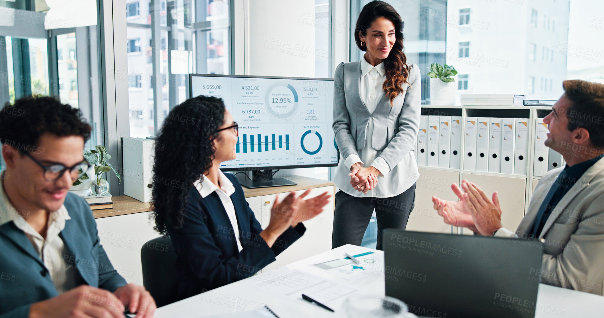 Buy stock photo Accountant, applause or business people in presentation for success, charts or capital growth. Goal target, accounting profit or happy financial advisor with investor, graphs or directors for praise
