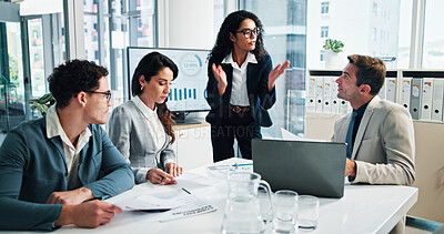 Buy stock photo Office, business people and project manager with paperwork for discussion, meeting and finance update. Team, accountants and financial advisor with documents for risk management, feedback and explain
