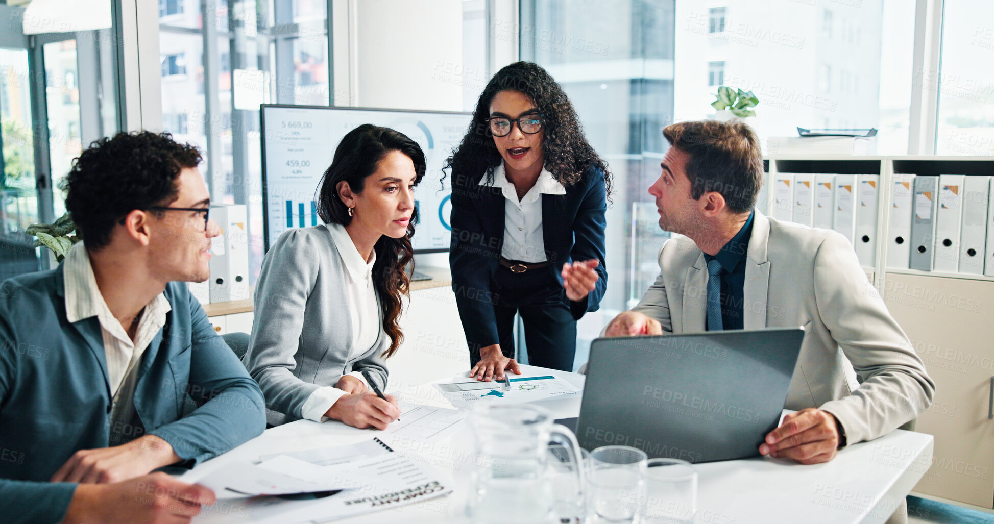 Buy stock photo Office, business people and project manager with paperwork for feedback, meeting and finance update. Team, accountants and financial advisor with documents for risk management, discussion and explain