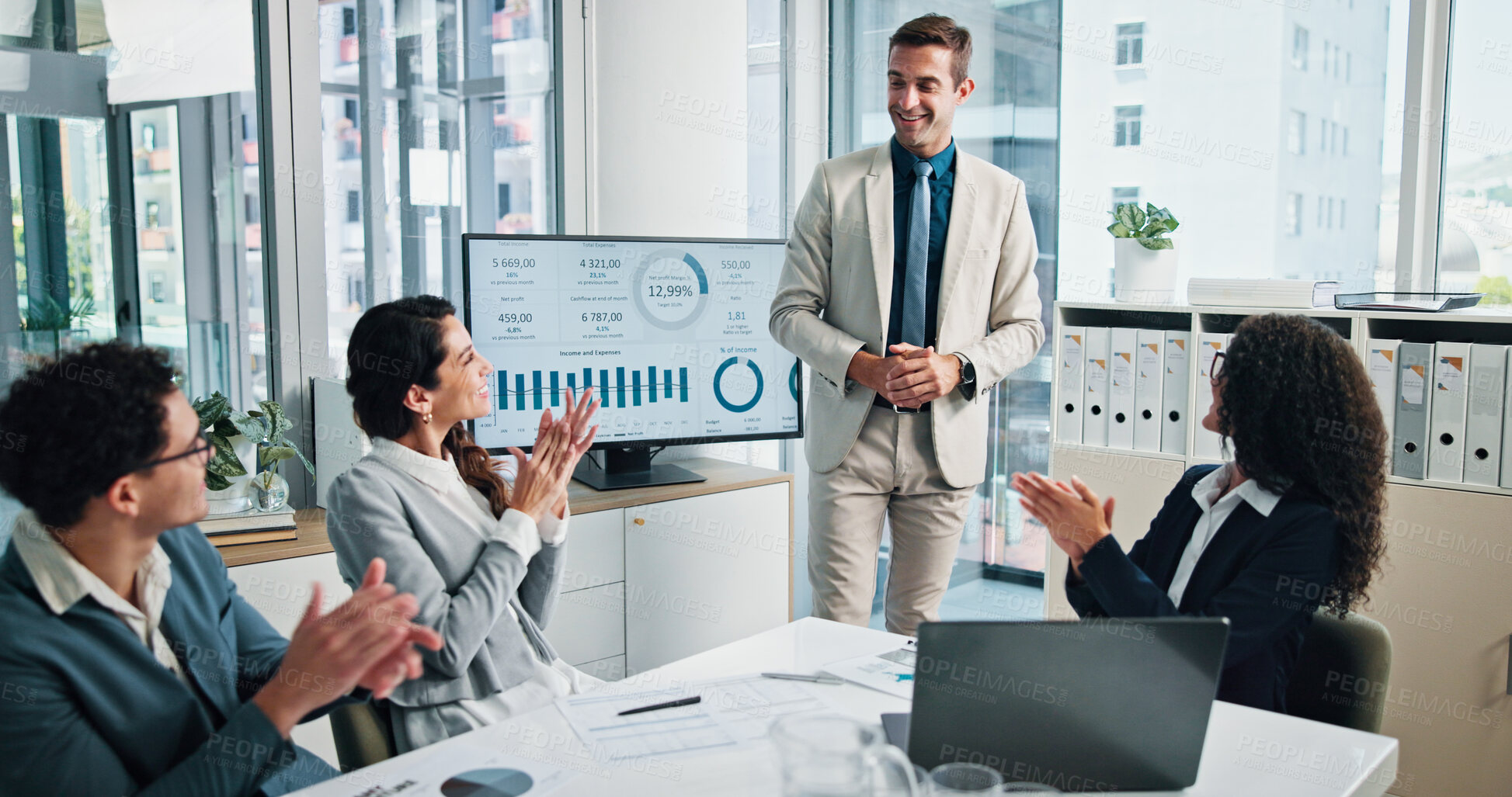 Buy stock photo Happy, applause or business people in finance presentation for success, charts or capital growth. Goal results, accounting profit or financial advisor with investor, graphs or directors for praise