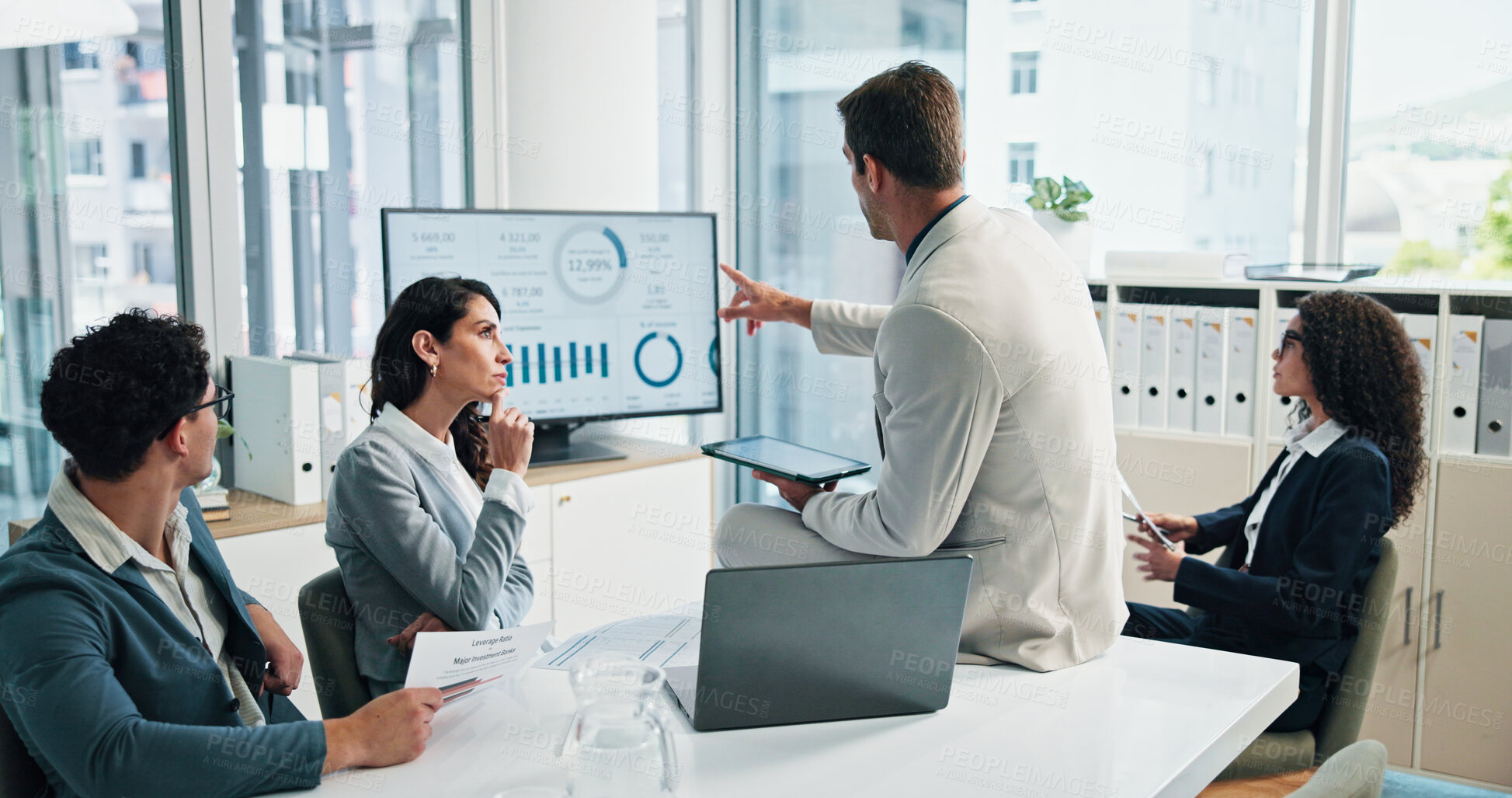 Buy stock photo Screen, manager or business people with accountant or charts for tablet, data analysis or capital growth. Planning, budget graphs or financial advisors in meeting with directors, monitor or documents