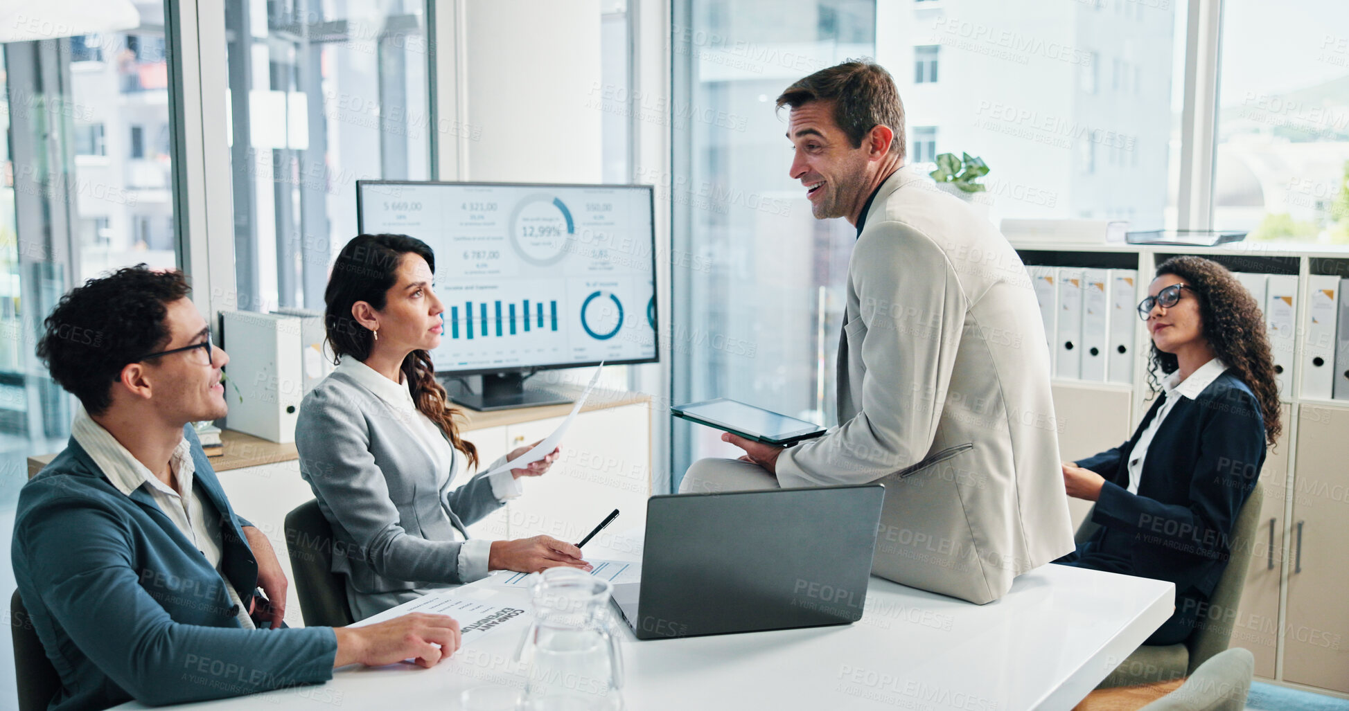 Buy stock photo Screen, meeting or business people with accountant or charts for tablet, data analysis or capital growth. Manager, budget graphs or financial advisors planning with directors, monitor or documents