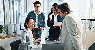 Buy stock photo Meeting, document or business people with shareholders in discussion for planning or capital growth. Manager, contract negotiation or financial advisors in boardroom office with executive directors