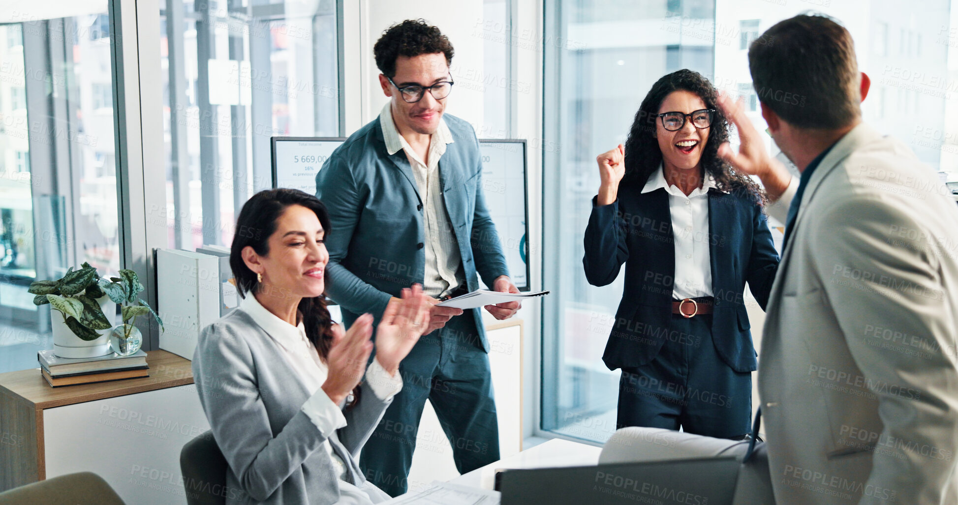 Buy stock photo Meeting, group and applause in business, celebration and collaboration for financial performance or laptop. Achievement, happy and people with tech for investment, accountant and success in boardroom