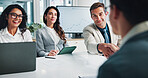 Meeting, group and discussion in boardroom, handshake and collaboration for financial performance or online. Agreement, smile and people with laptop for investment, accountant and deal with client