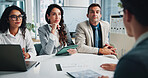 Finance, listen or business people with shareholders in discussion for planning, charts or capital growth. Manager, budget graphs or financial advisors in negotiation meeting with executive directors