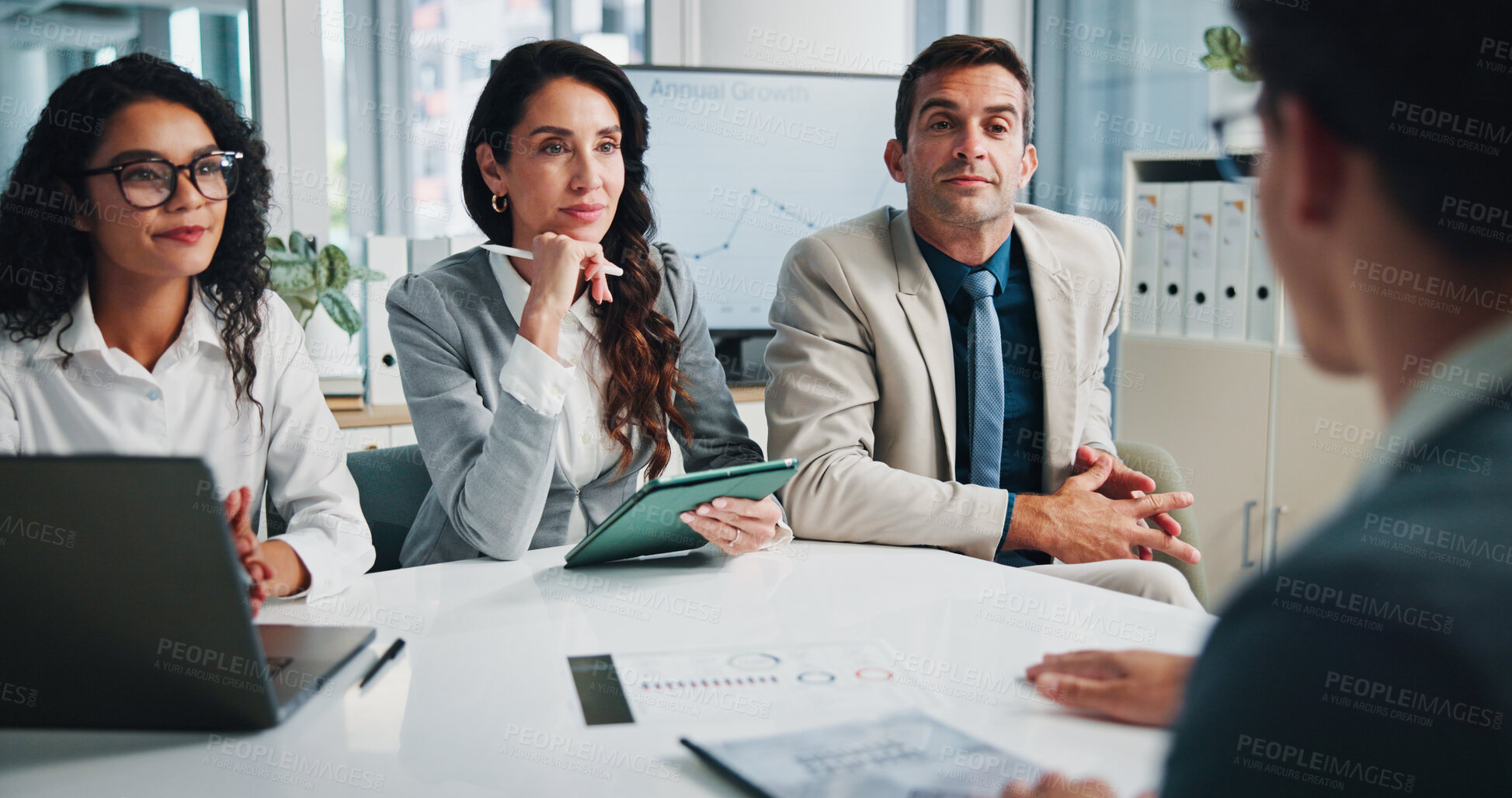 Buy stock photo Finance, listen or business people with shareholders in discussion for planning, charts or capital growth. Manager, budget graphs or financial advisors in negotiation meeting with executive directors