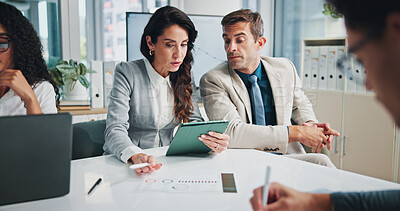 Buy stock photo Finance, tablet or business people with manager in discussion for paperwork, charts data or capital growth. Planning, budget graphs or financial advisors in meeting with directors, info or documents