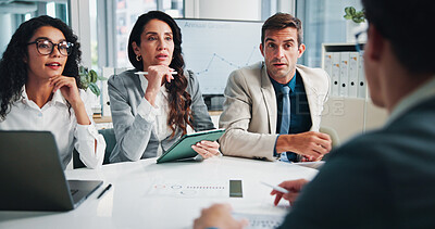 Buy stock photo Interview, listen or business people with investors in meeting for planning, charts or capital growth. Manager, budget graphs or financial advisors in negotiation with finance directors in office 