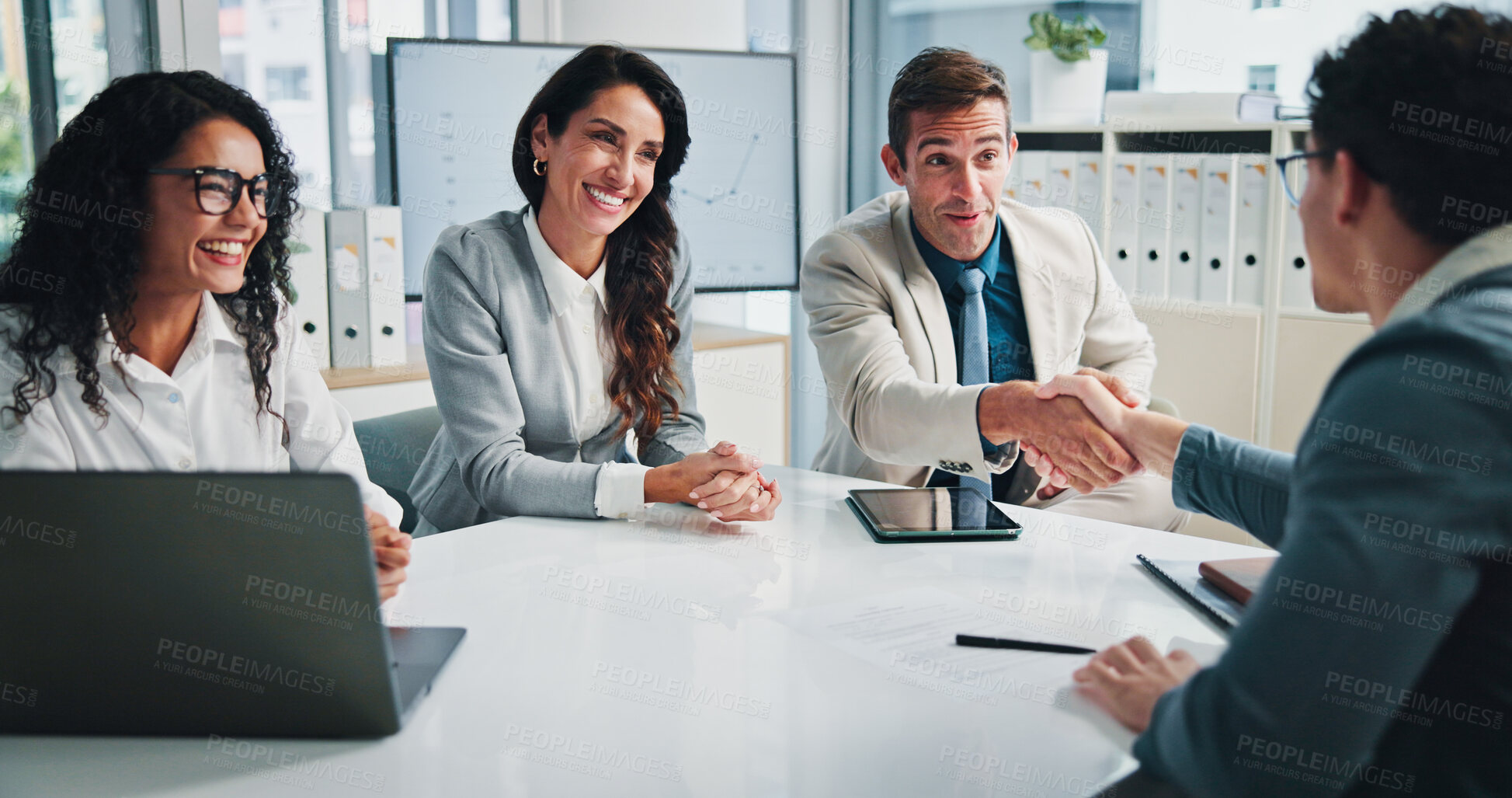 Buy stock photo Handshake, finance or business people in accounting meeting for planning, charts or capital growth. Partnership, deal agreement or financial advisor shaking hands with investor, graphs or directors