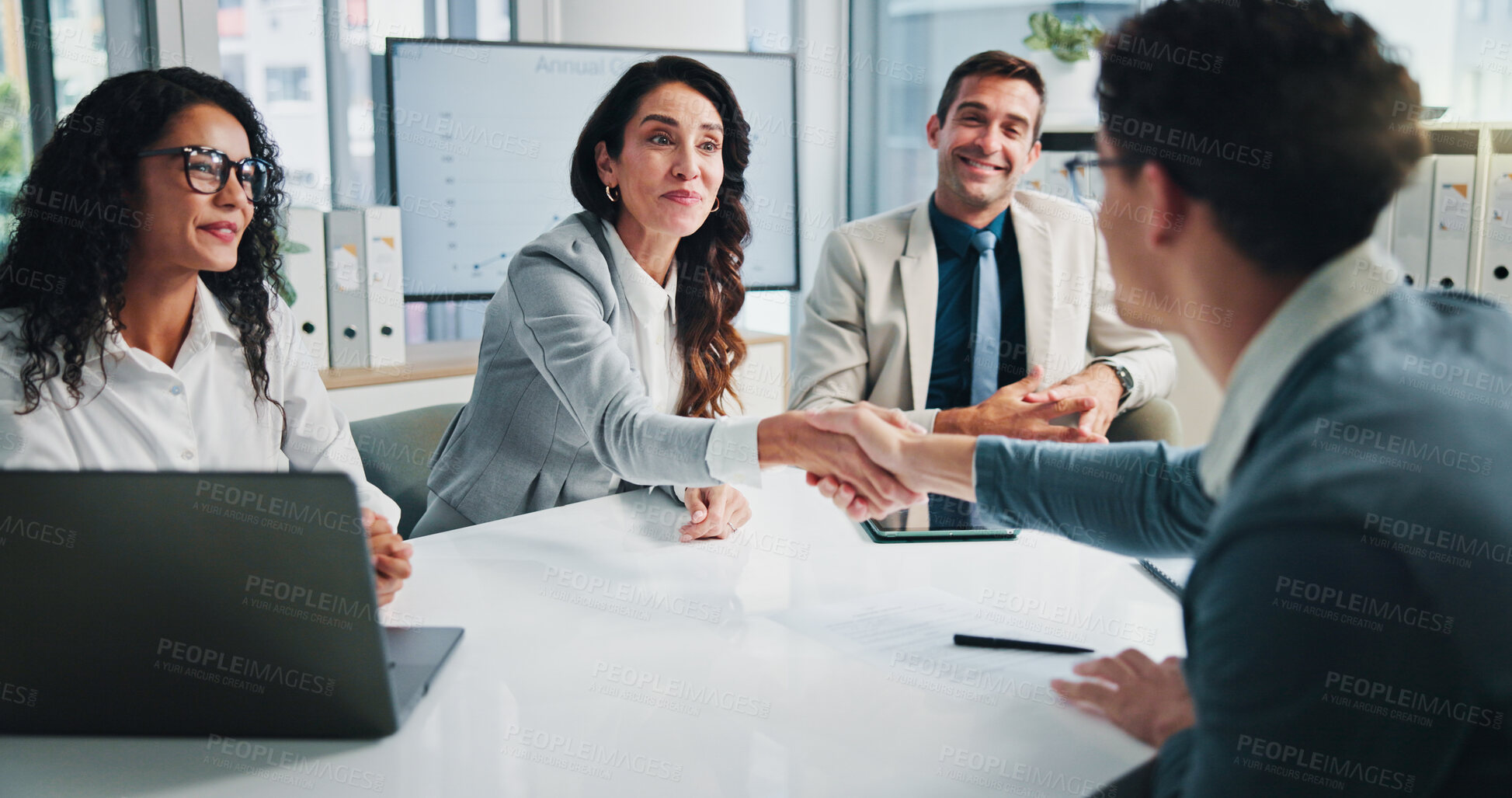Buy stock photo Accountant, finance or business people shaking hands in meeting for planning, charts or capital growth. Handshake, accounting agreement or happy financial advisor with investor, graphs or directors