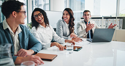 Buy stock photo Teamwork, meeting or business people in office, conversation or planning with success. Cooperation, employees or group with humor, laughing or sales company with smile, profit growth or collaboration