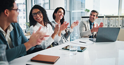 Buy stock photo Meeting, applause and group with laptop, business and smile for celebration of financial performance. Achievement, clapping and people with tech for investment, accountant and success in boardroom