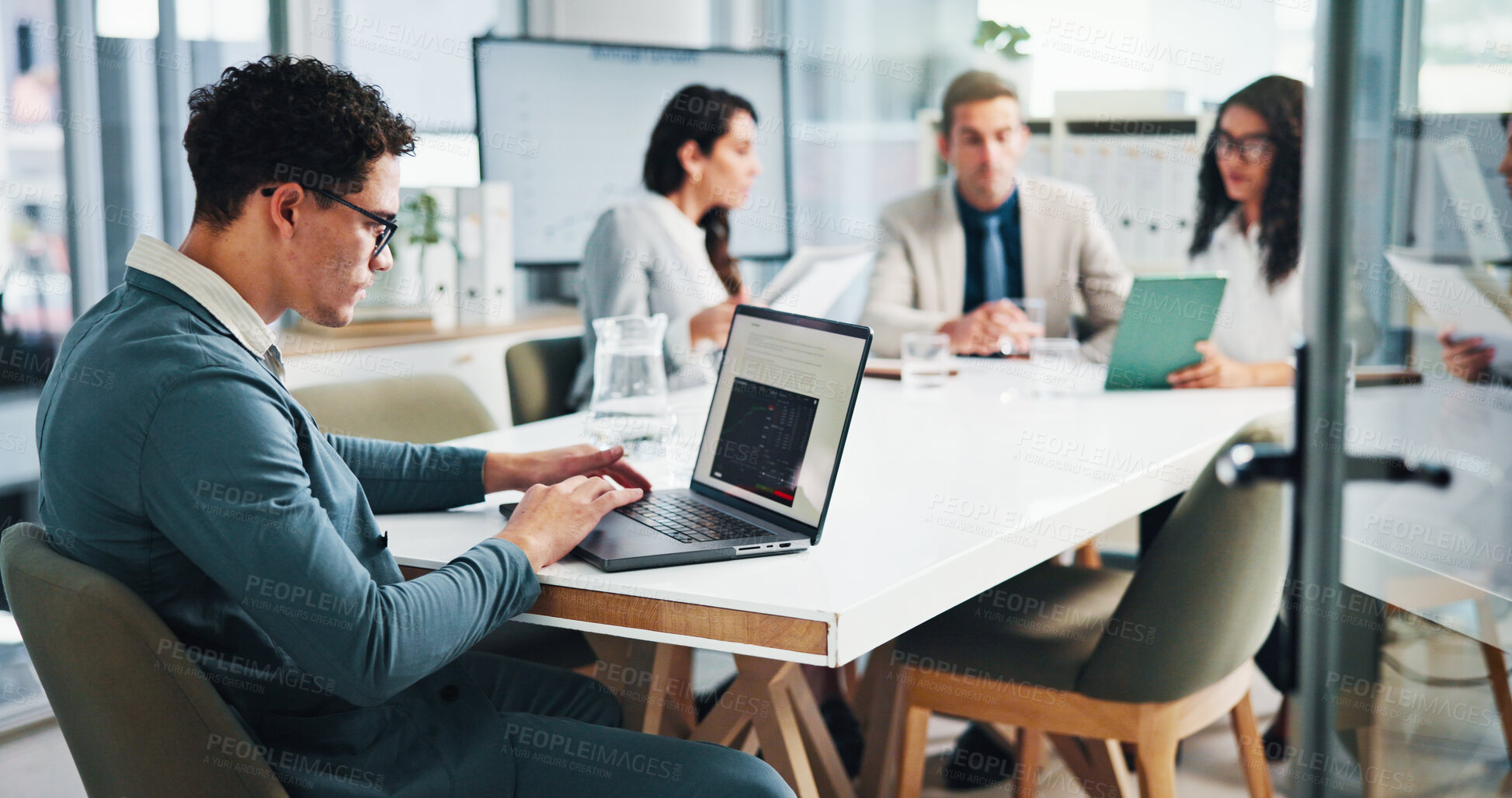 Buy stock photo Meeting, businessman and screen with laptop in office, about us and research for stock market. Boardroom, male person and trader with digital for financial performance, risk management and corporate