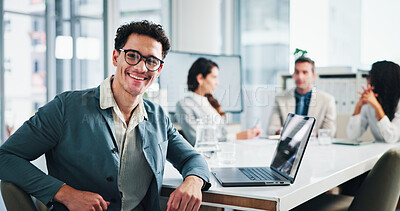 Buy stock photo Meeting, businessman and portrait with laptop in office, about us and research for stock market. Boardroom, male person and trader with digital for financial performance, risk management and smile