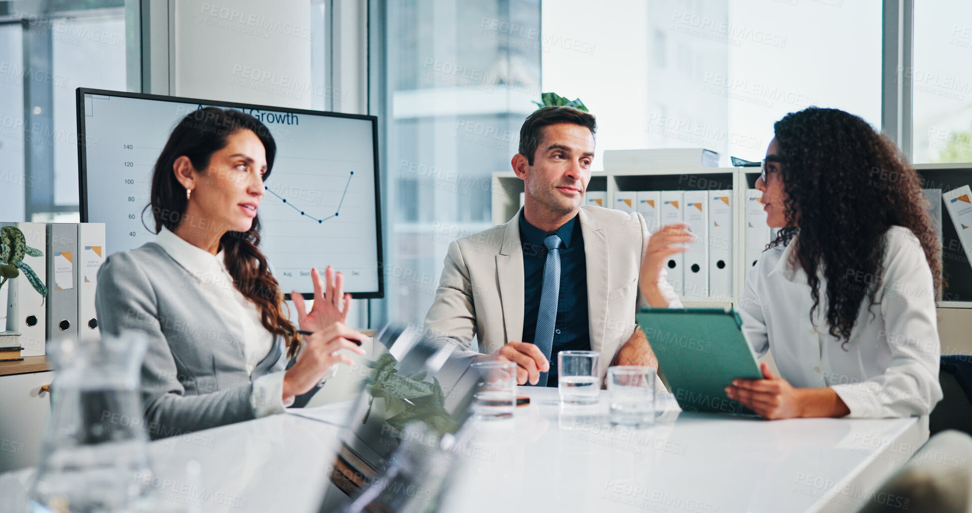 Buy stock photo Meeting, group and discussion with tablet, business or collaboration for financial performance or online. Planning, teamwork and people with tech for investment, accountant or colleagues in boardroom