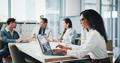 Buy stock photo Meeting, colleagues and woman with laptop, boardroom and secretary with financial report on website. Business, people and receptionist with tech for notes, typing and info for investment in company