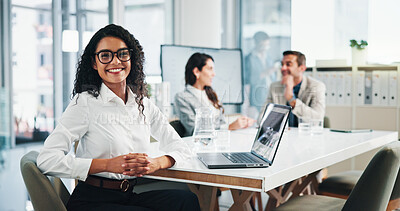 Buy stock photo Laptop, businesswoman and portrait in office for meeting, about us and research for stock market. Boardroom, female person and trader with digital for financial performance, risk management and smile