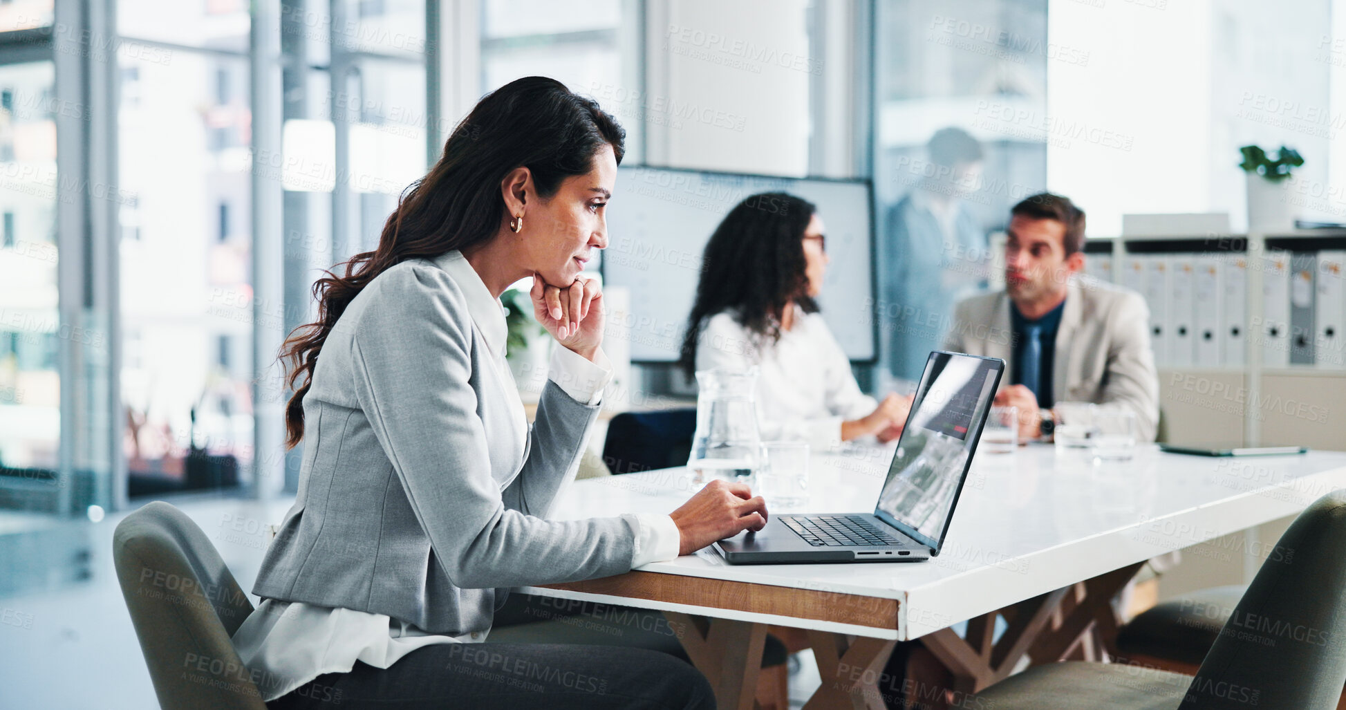 Buy stock photo Meeting, accounting research or businesswoman on laptop with shareholders for planning or capital growth. Manager, finance budget or financial advisors in boardroom office with executive directors