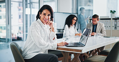 Buy stock photo Meeting, businesswoman and portrait with laptop in office, about us or research for stock market. Boardroom, mature person or trader with smile for financial performance, risk management or corporate