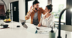 High five, laptop or happy couple celebration for budget goal, success or household bills planning. Paper, profit target or excited people with smile for finance report, stocks growth or salary bonus