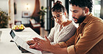 Document, laptop or happy couple for budget goal, partnership or household bills planning. Paperwork, profit target or people with smile for finance report, stocks growth or income salary bonus