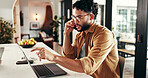 Finance, man and phone call with laptop in house for online consultation, statement account query or payment question. Kitchen, person and pointing to banking app for financial mistake and assistance