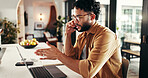 Finance, man and phone call with laptop in home for online consultation, financial account query and invoice question. Kitchen, person and talking to contact for statement update and banking app help