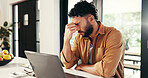 Remote work, tired and man with headache on laptop, financial crisis or burnout with brain fog. Migraine, sick and freelancer with pain, stress or overworked with eye strain or fatigue in home office