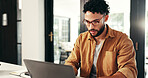 Laptop, reading and man in home for freelance, online research and journalist proofreading story. Computer, serious and remote worker writing creative article, editing and review news for publication
