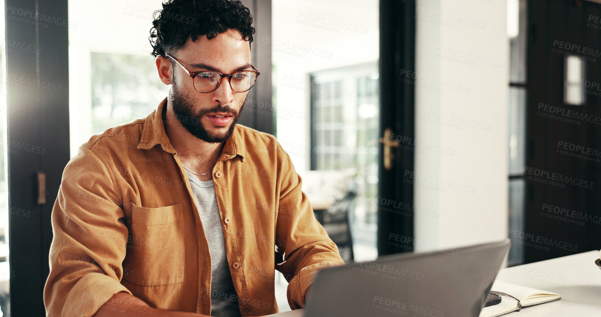 Buy stock photo Laptop, reading and man in home office for remote work, online research and journalist working on story. Computer, creative freelancer and writing article, editing and review news for publication